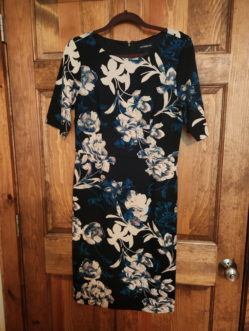 Liz Claiborne Black Floral Midi Dress with Blue and Cream Accents